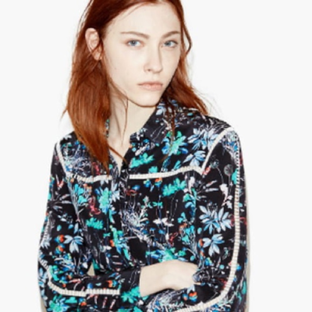 The Kooples Silk Black Floral Blouse with Teal, Blue & Pink Accents